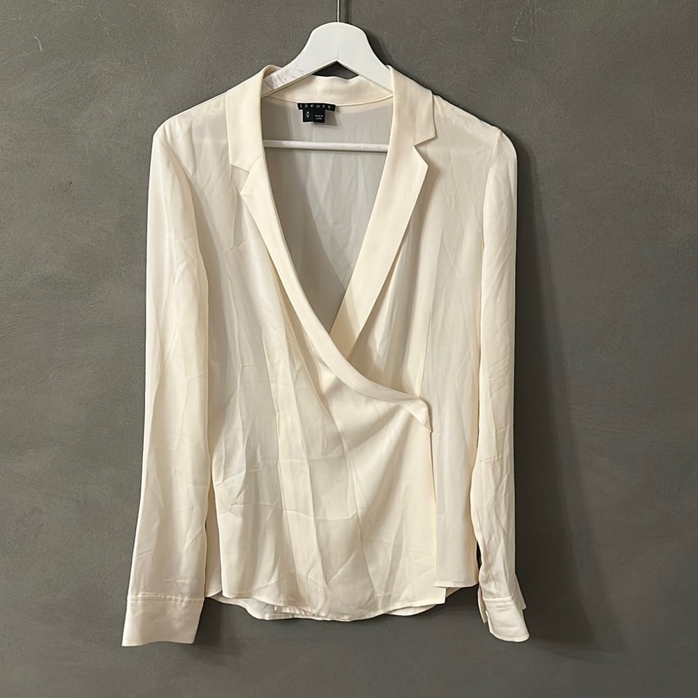 Theory Cream White Wrap Blouse with Notched Collar